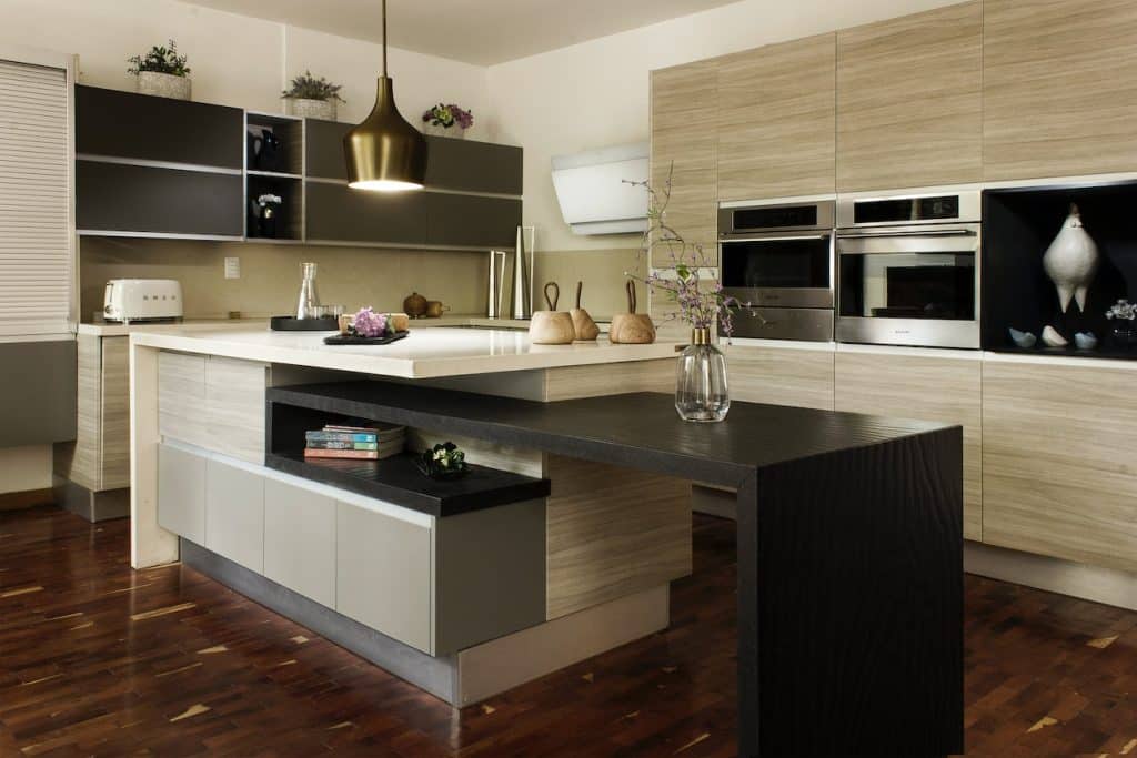 Modern kitchen with wooden cabinets and island
