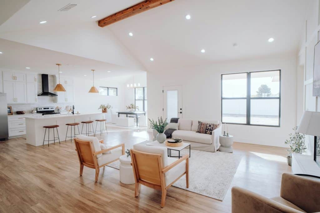 Modern open-concept living room and kitchen design.