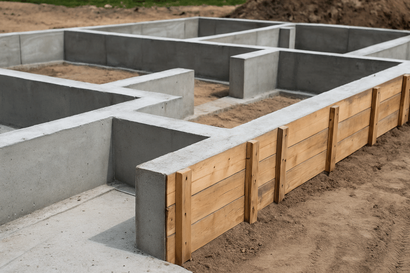 ChatGPT Image Oct 13, 2025, 02_02_20 PM Concrete foundation under construction with wooden formwork at a residential building site, showing a stable base for a future home.