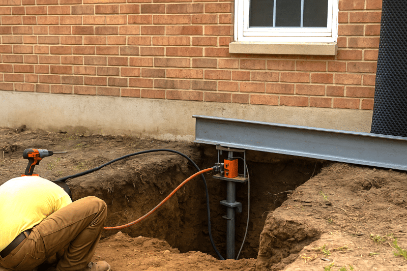 brightened_image_2 A foundation repair worker installs a helical pier with hydraulic equipment next to a brick house, reinforcing the home’s foundation for stability and long-term support.