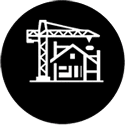 Construction crane and building icon on black background.