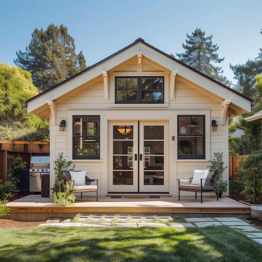 Modern backyard cottage with wooden deck and lawn
