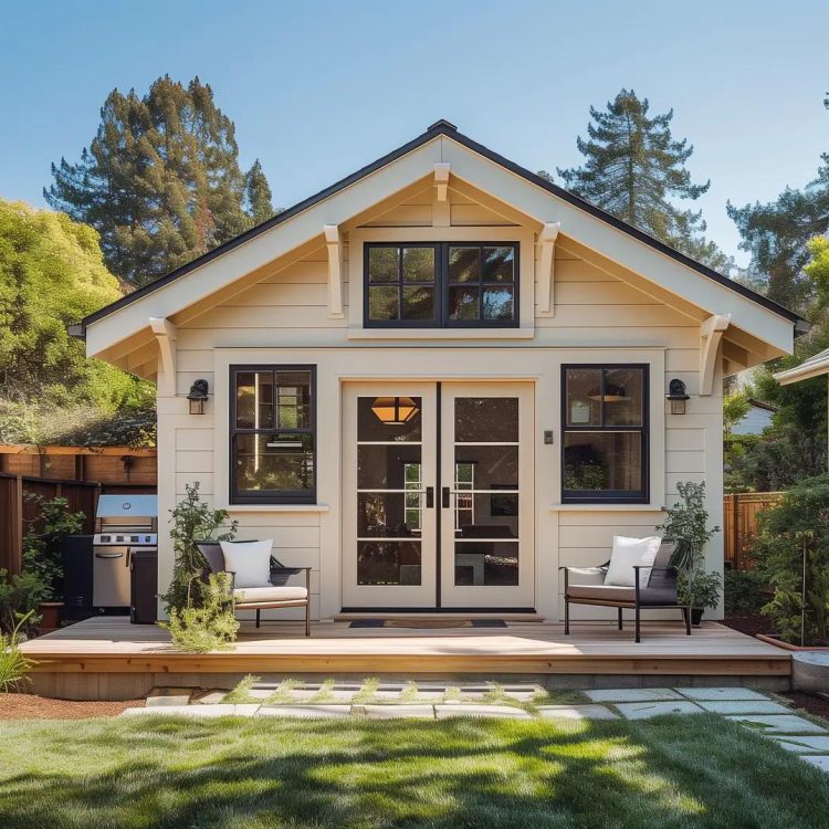 Modern backyard cottage with wooden deck and lawn