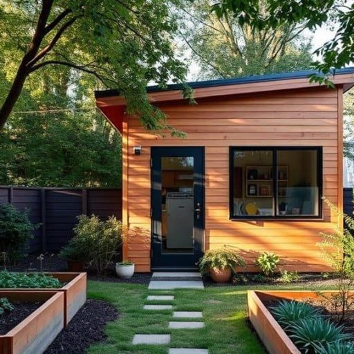 Modern backyard shed surrounded by landscaped garden