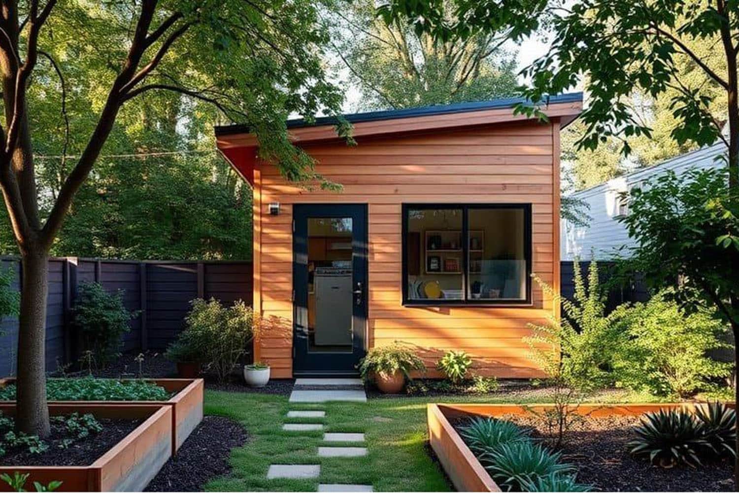 Modern wooden backyard ADU studio surrounded by lush garden