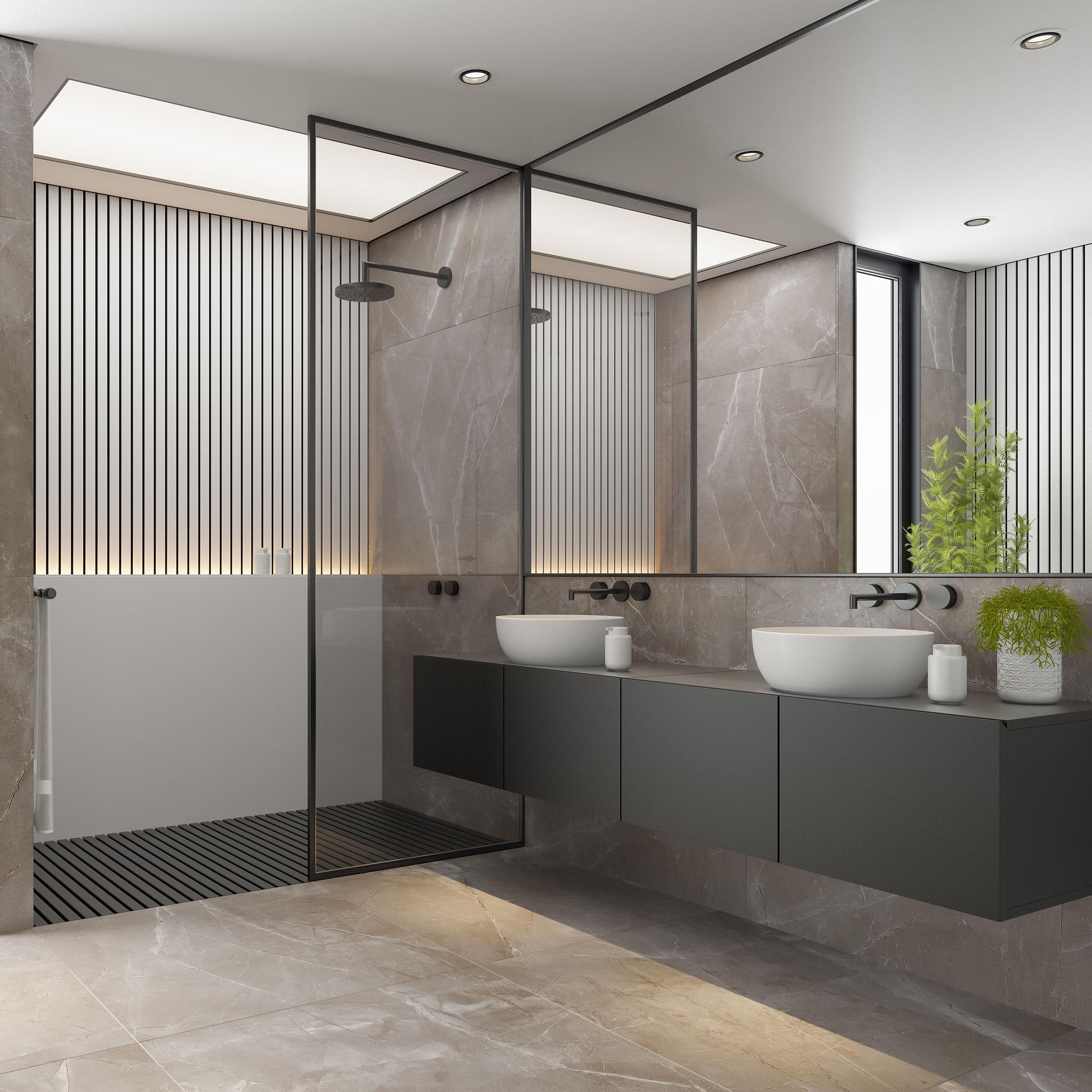 Modern bathroom with double sinks and glass shower