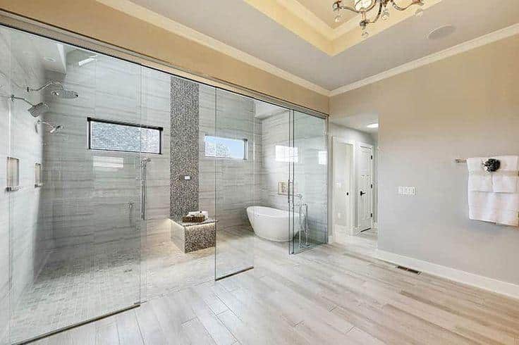 Modern bathroom with glass shower and freestanding tub