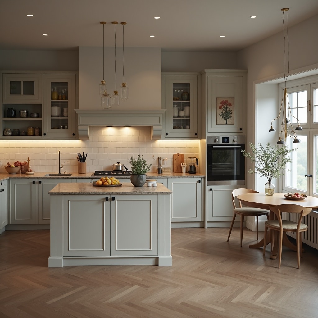 Modern kitchen with island and dining table.