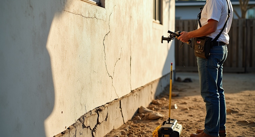 Foundation contractor inspecting a cracked exterior wall in Los Angeles
