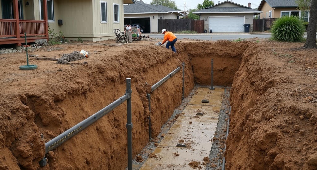 Excavated foundation trench in expansive clay soil at a Los Angeles home