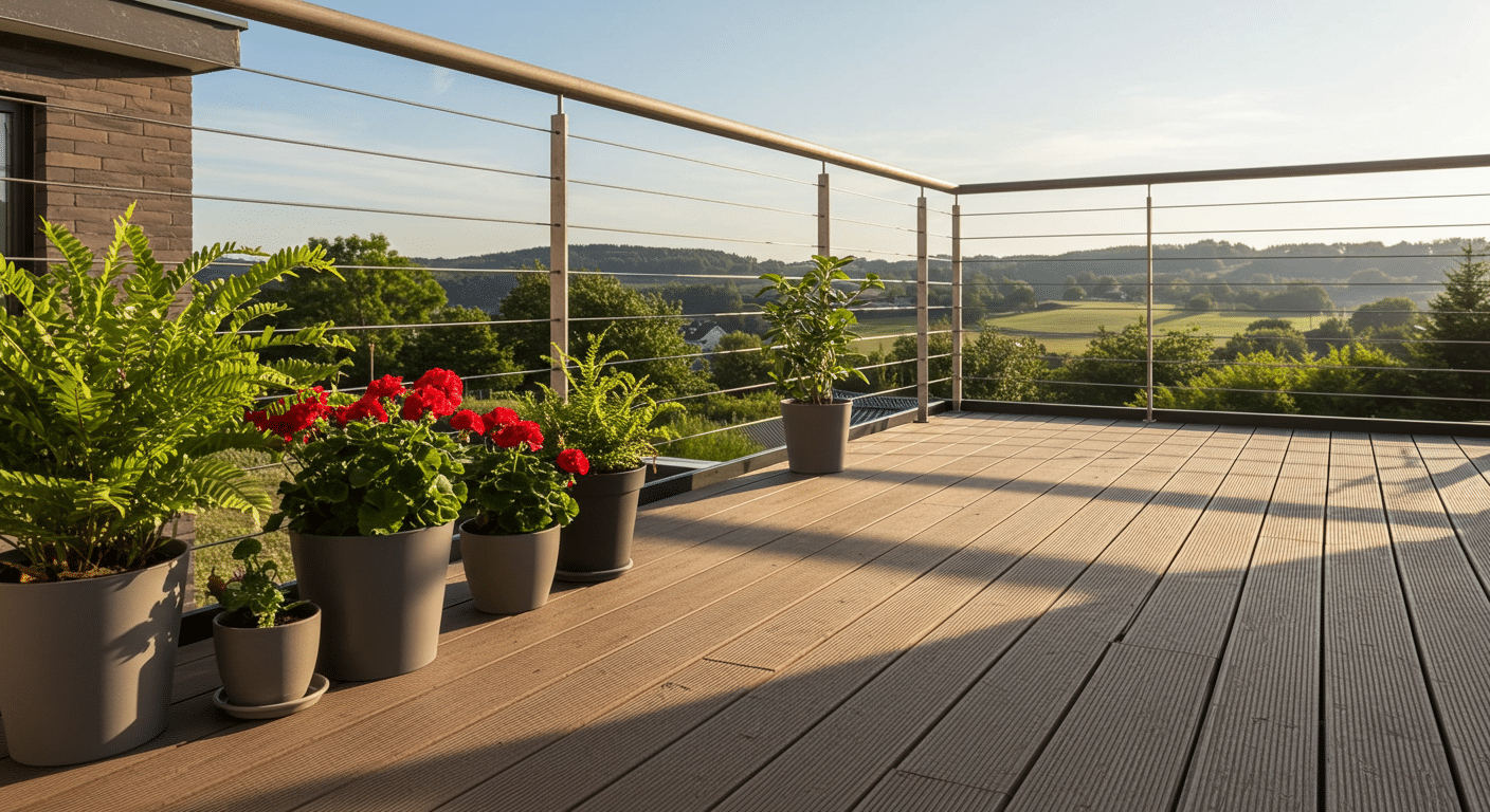 Modern balcony with horizontal cable railing and composite decking