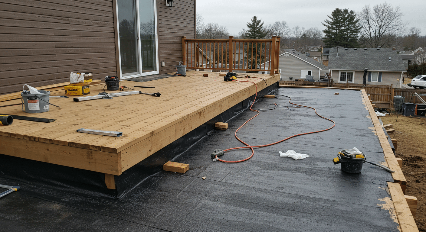 Balcony under repair with waterproofing membrane and new wood framing