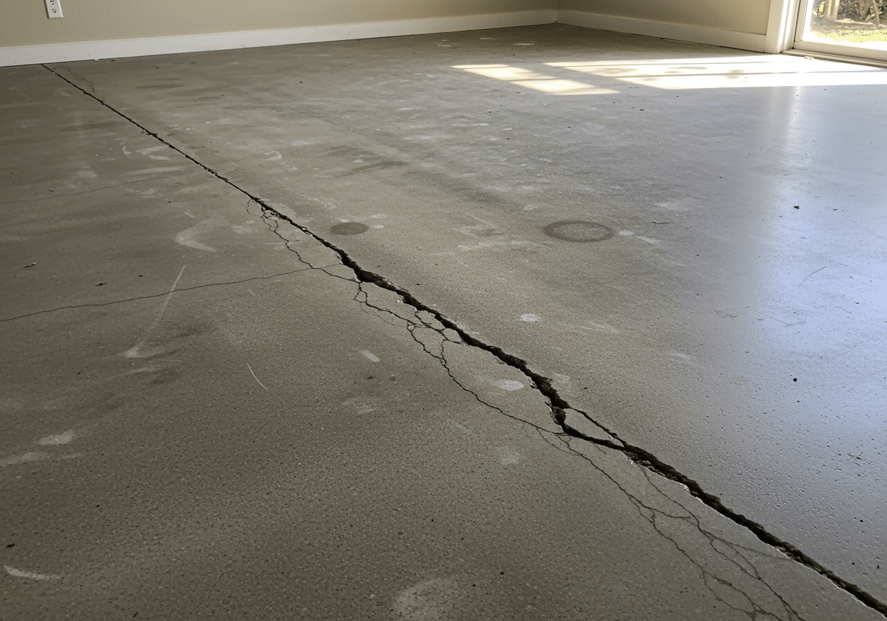 Visible fracture line across a concrete slab floor in a home