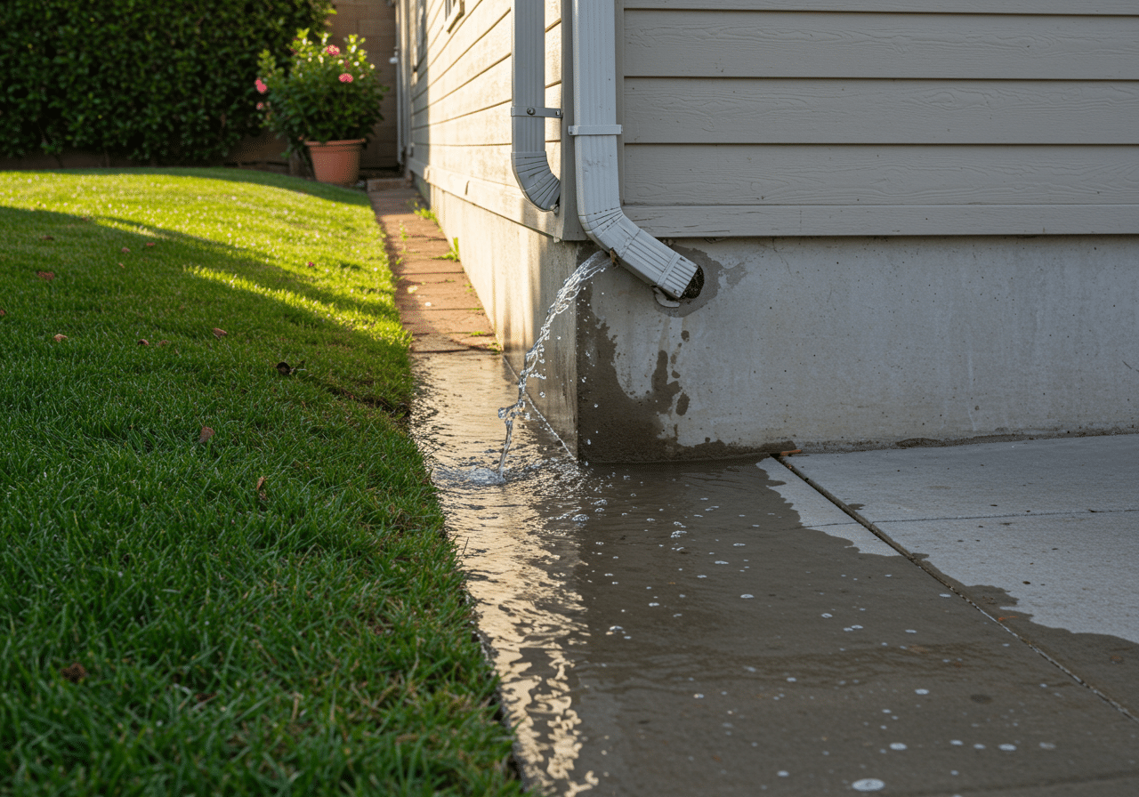 Downspout dumping water at the foundation with poor yard grading
