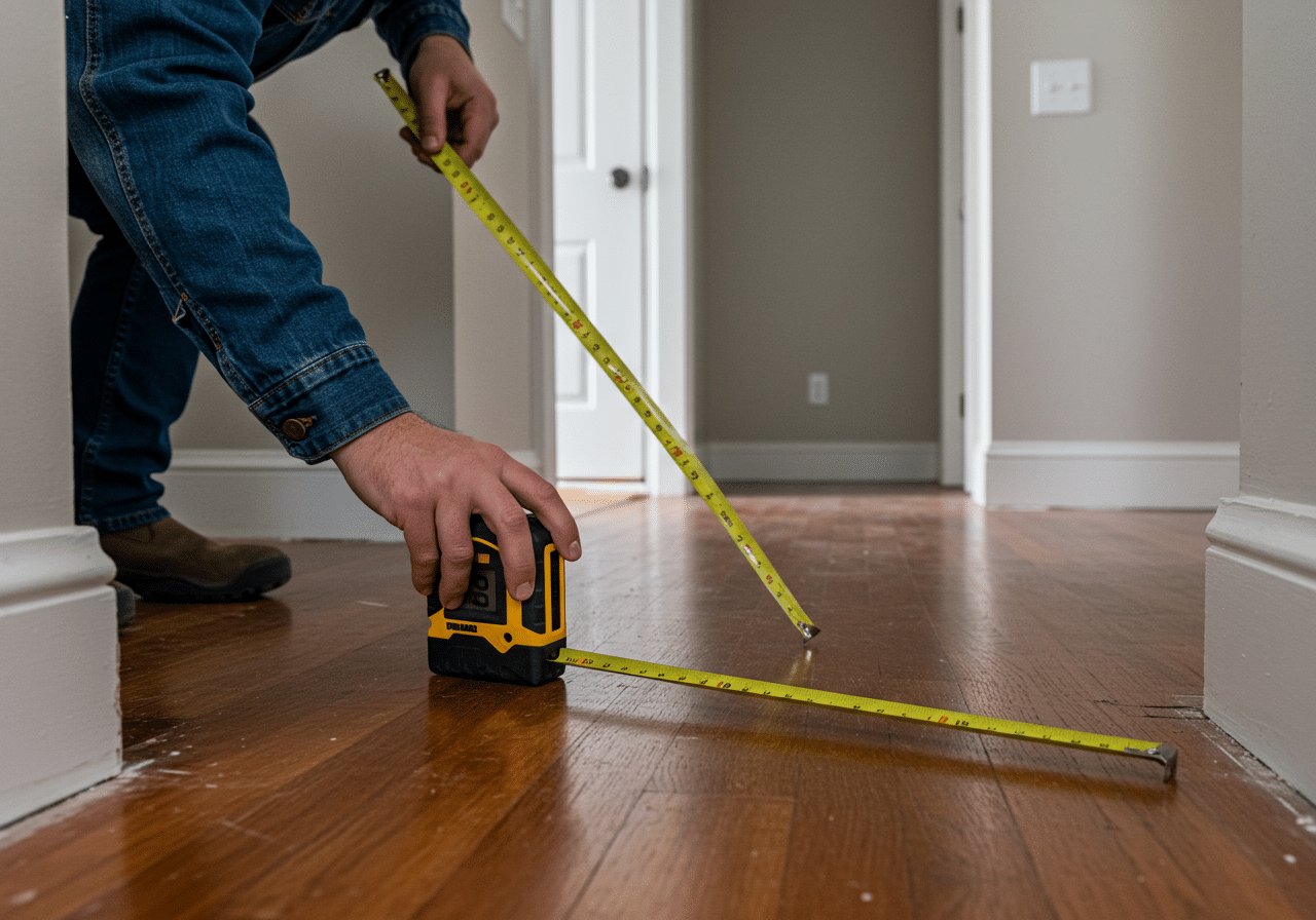 Measuring a sloping floor with a level Inspector checking a sloping floor with a laser level and tape measure