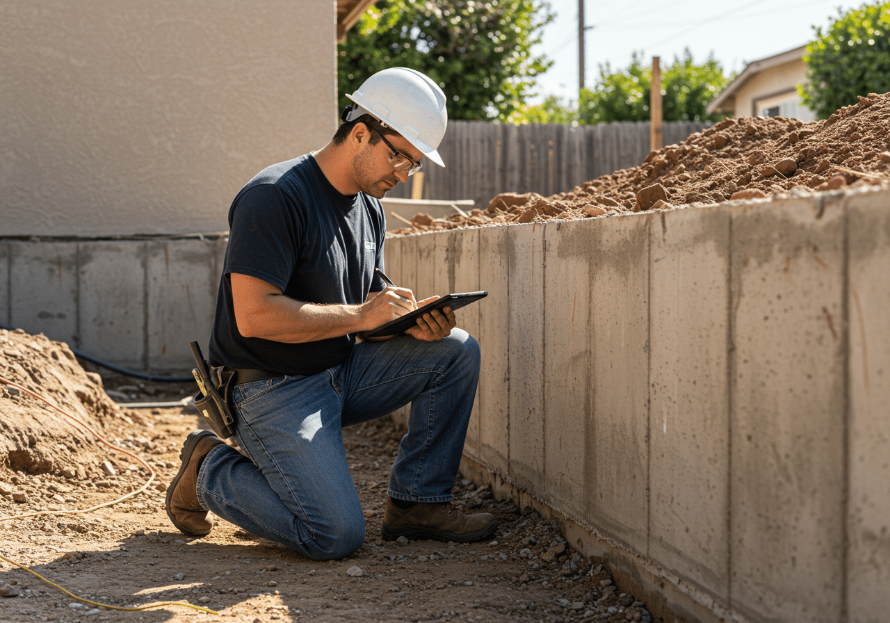 Inspecting a foundation wall Inspector examining a foundation wall and taking notes on a tablet