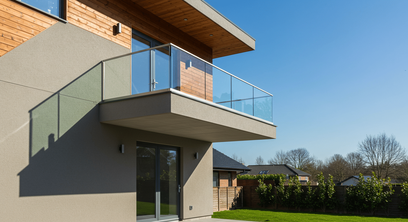 Newly constructed cantilevered balcony with glass-panel railing on a modern home