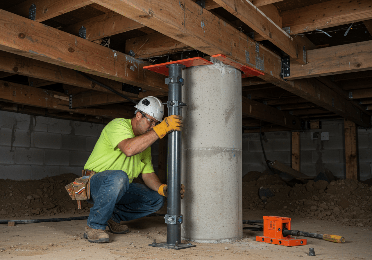 Installing a new pier and post under a home Contractor installing a new adjustable steel post and concrete pier under a house