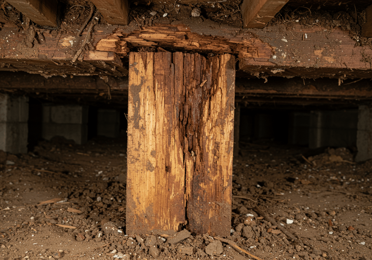 Rotted wood support post in a damp crawl space Rotted and cracked wood support post with moisture damage in a crawl space