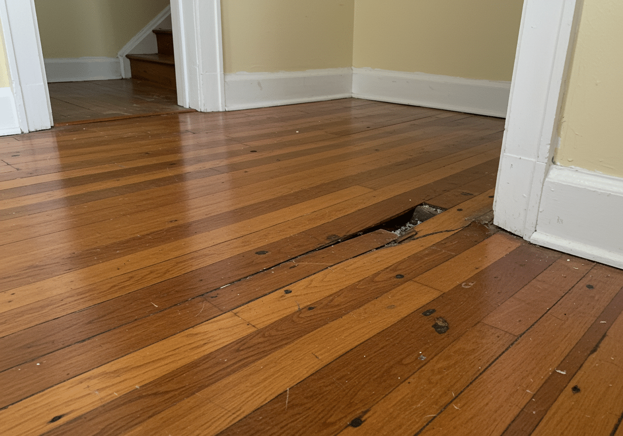 Sagging uneven floor from pier and beam settlement Sagging wood floor with a gap at the baseboard from foundation settlement