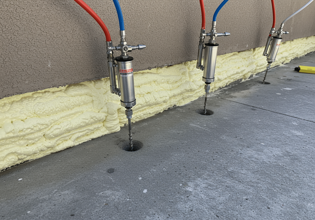 Polyurethane foam injection lifting a concrete slab