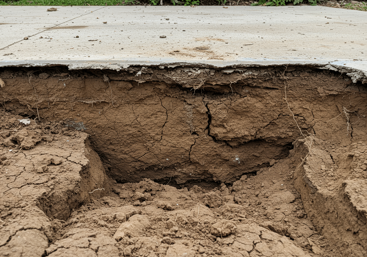 Eroded soil and void beneath a concrete slab foundation