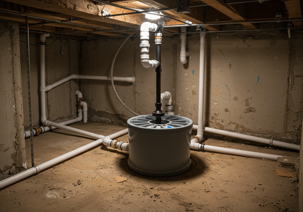 Sump pump basin and drainage piping installed to protect a foundation