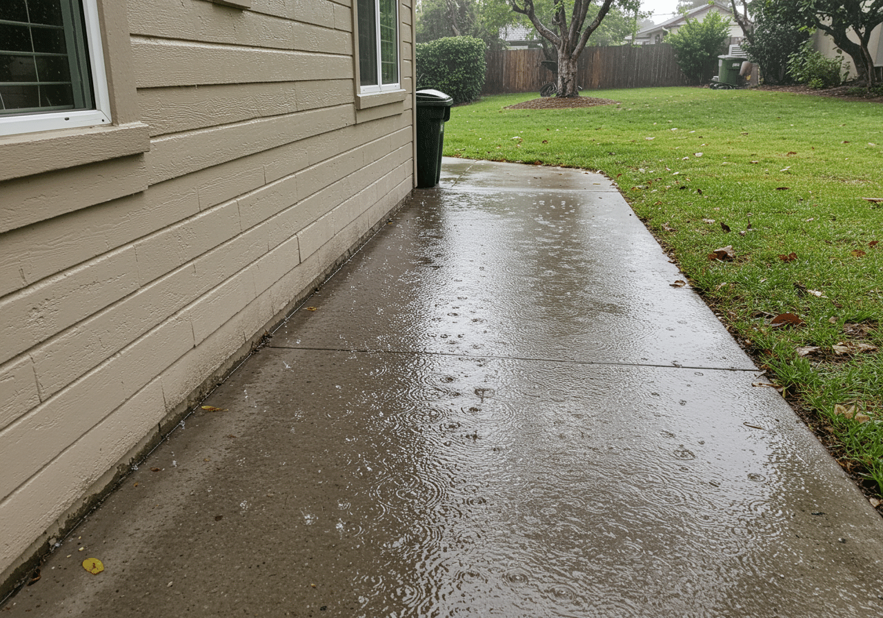 Standing rainwater pooling against a house foundation after a storm