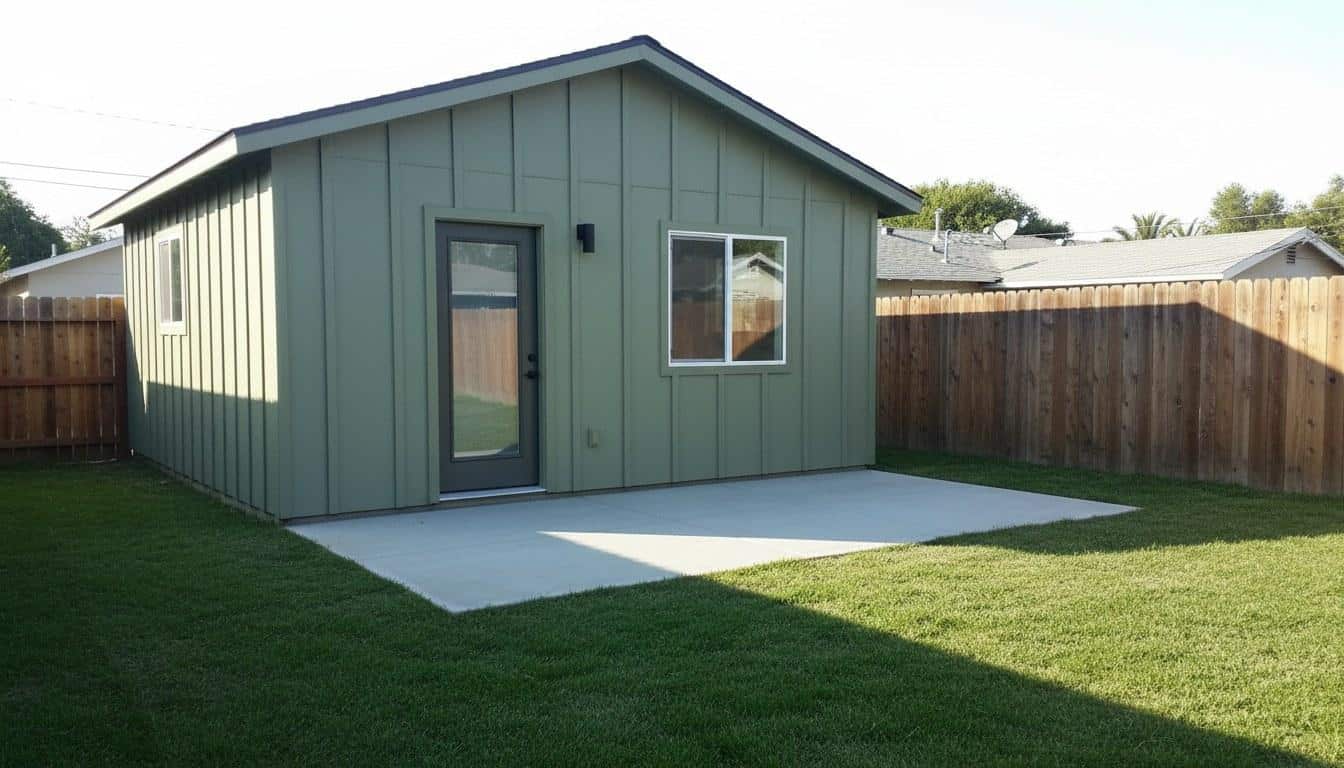 Newly completed detached backyard ADU with modern siding and entry door in a Los Angeles County residential yard