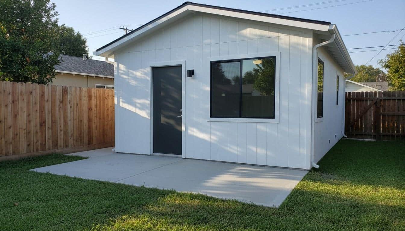 Newly completed detached backyard ADU with modern siding and entry door in a Los Angeles County residential yard