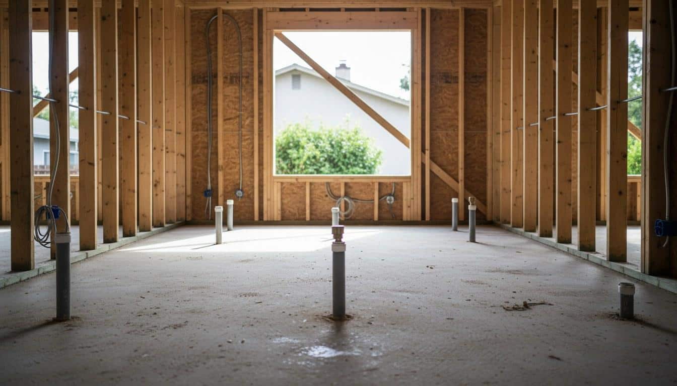 ADU interior framing and rough plumbing during construction showing structural and mechanical rough-in work