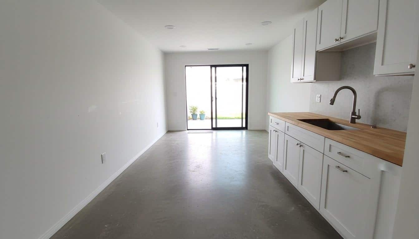 Finished ADU garage conversion interior with compact kitchen and polished concrete floors in Southern California