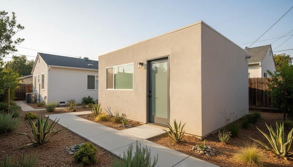 Newly completed detached ADU in a Southern California backyard with modern stucco exterior