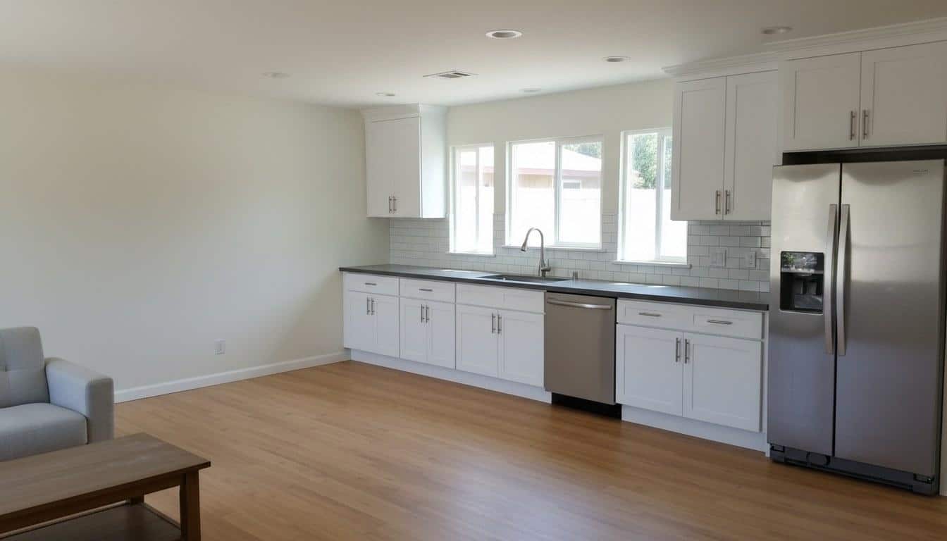 Finished ADU interior with modern kitchen and open floor plan in Los Angeles County