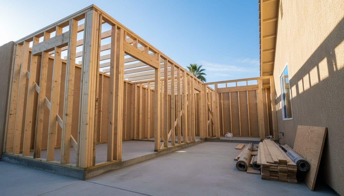 Framed room addition under construction attached to a California stucco home