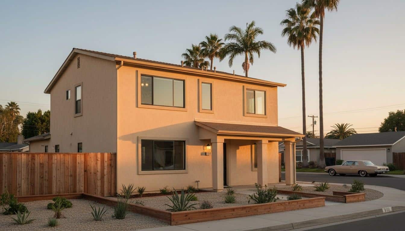Completed second-story home addition on a California residential home with fresh stucco exterior