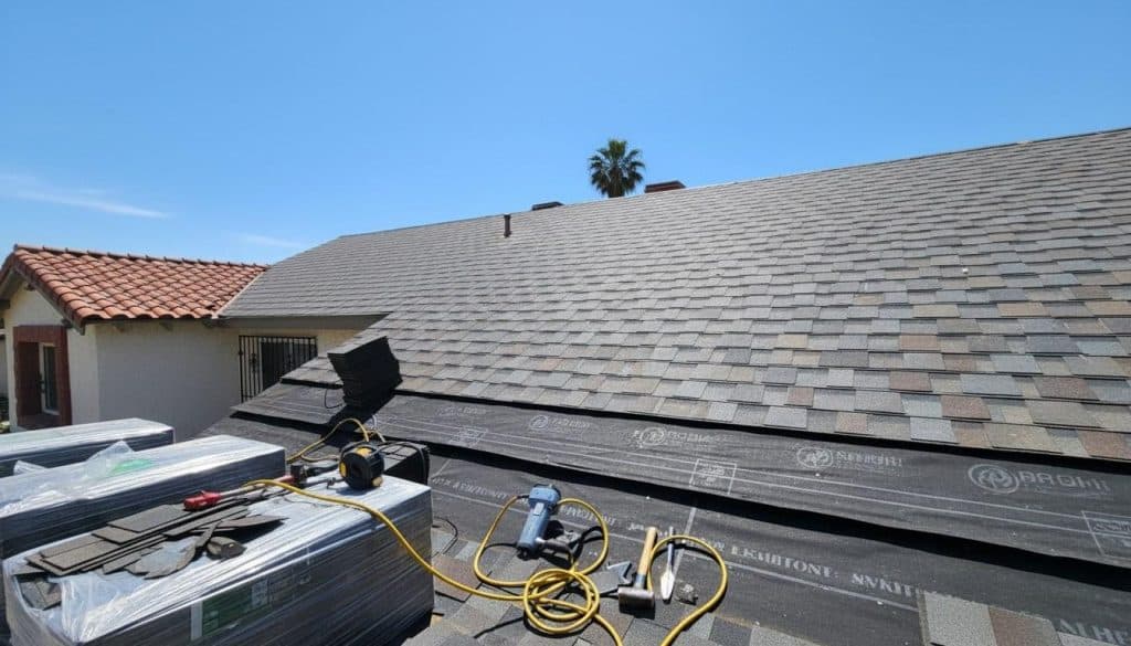 Residential roof replacement in progress showing new shingles and underlayment on a California home