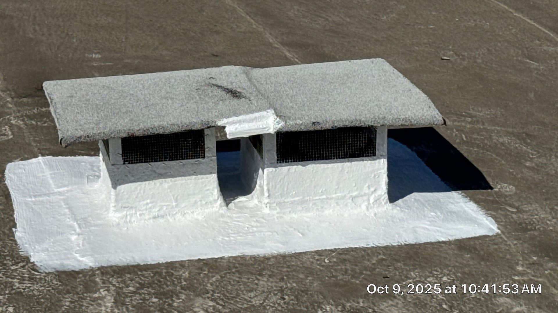 Rooftop HVAC curb with white elastomeric coating and mesh screen vents in West Hollywood | Hollywood Contractor Corp Rooftop HVAC curb with white elastomeric coating and mesh screen vents — West Hollywood — Hollywood Contractor Corp