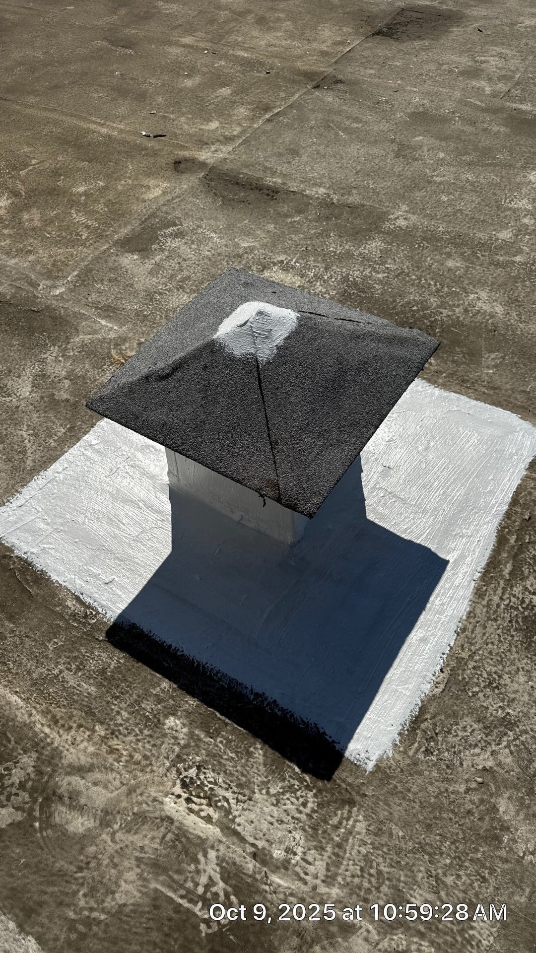 Rooftop pipe penetration with bitumen cap and white elastomeric coating in West Hollywood | Hollywood Contractor Corp Rooftop pipe penetration with bitumen cap and white elastomeric coating — West Hollywood — Hollywood Contractor Corp