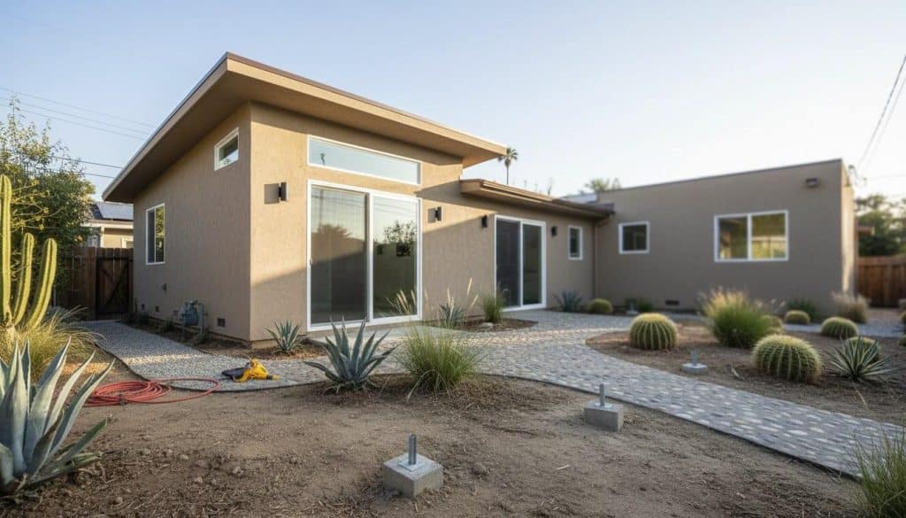 Newly completed detached ADU cottage with flat roof and stucco exterior in a Southern California backyard