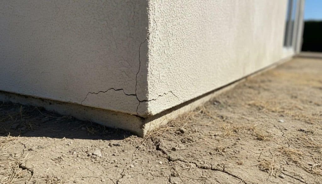 Concrete slab foundation with visible settlement cracks along a California home exterior