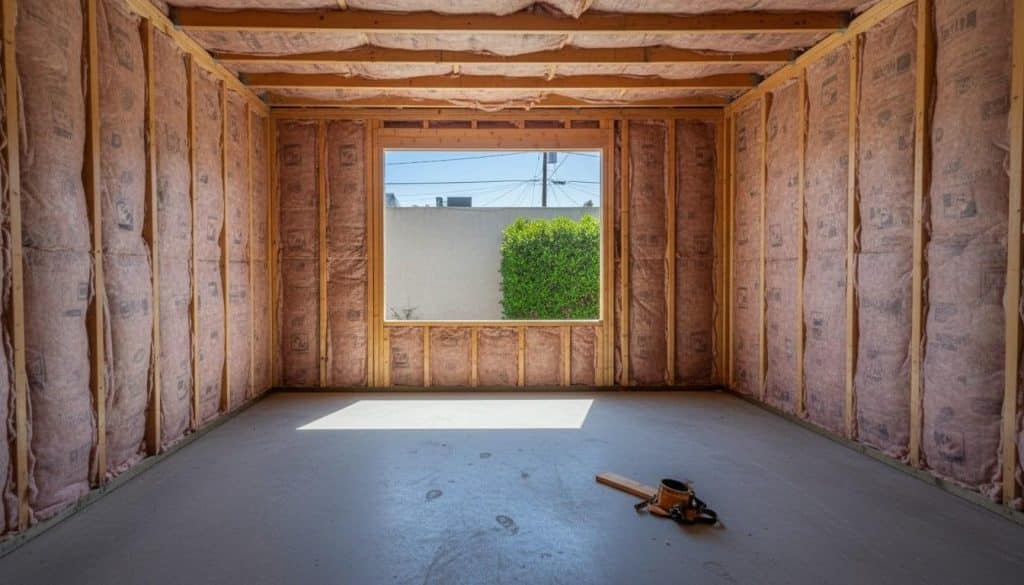 Garage interior mid-conversion showing insulation and new window opening in California