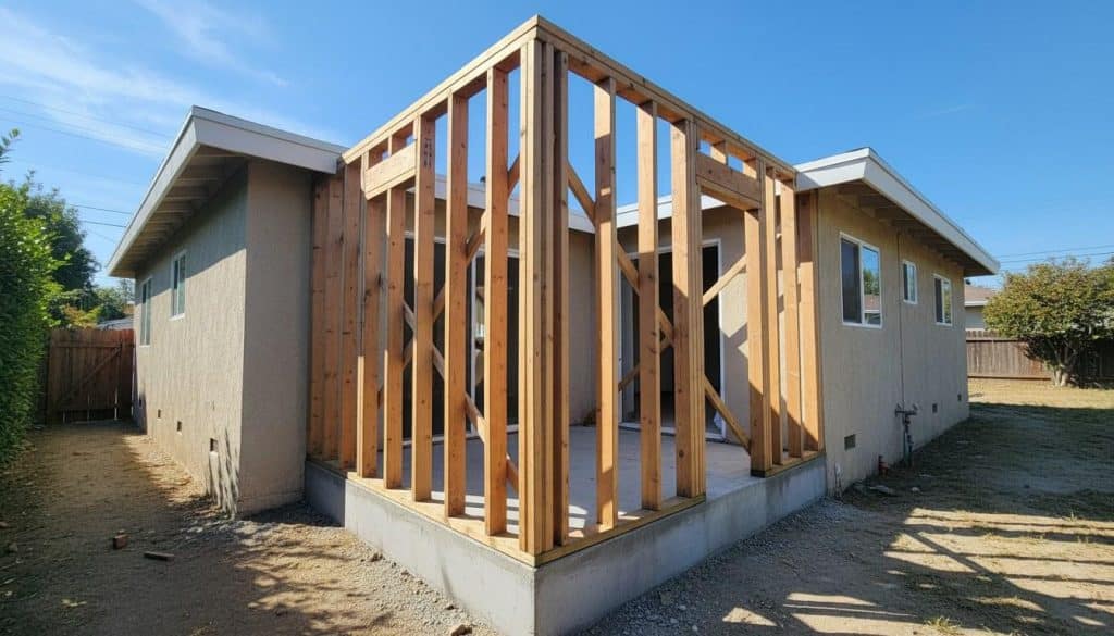 New home addition framing attached to a California ranch-style house showing wood structure and foundation