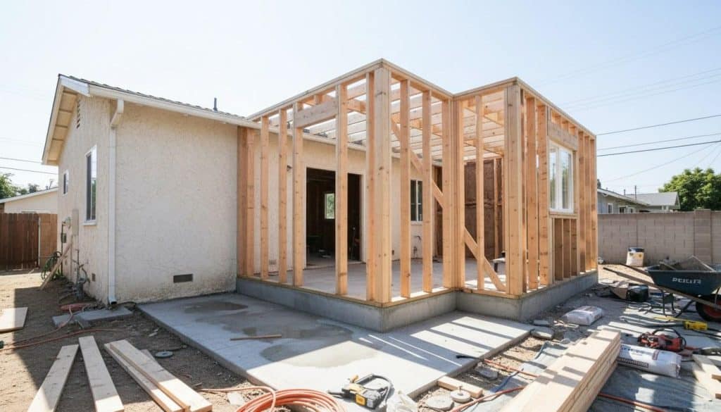 Framed home addition under construction attached to a Southern California house