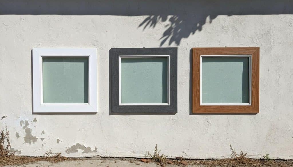 Three window frame material samples mounted on a California home exterior stucco wall for comparison