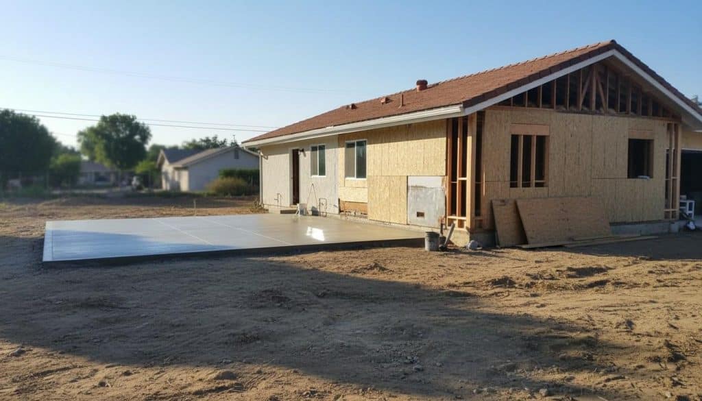 New construction foundation slab next to a home undergoing full remodel in Southern California
