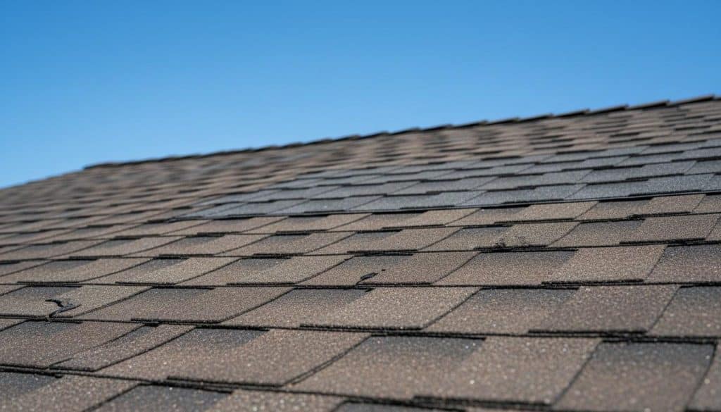 Aged California home roof showing damaged shingles and granule loss requiring repair or replacement assessment