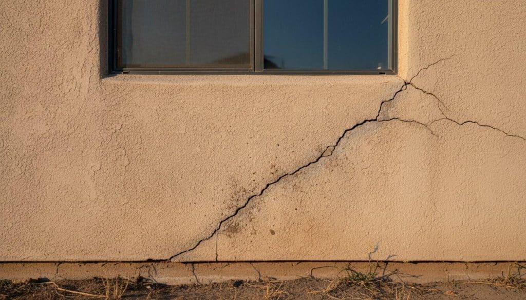 Diagonal foundation crack running from window corner on California home exterior