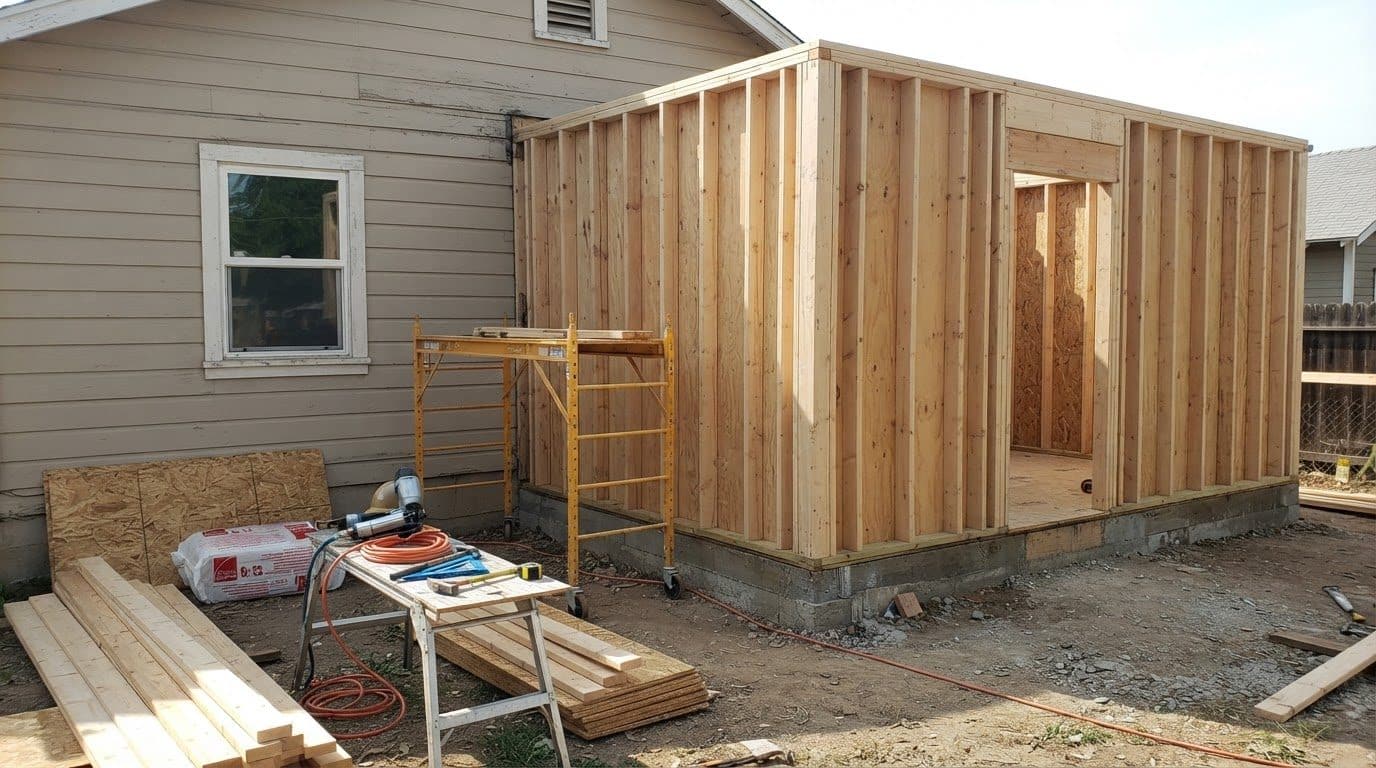 Wood-framed ADU addition going up beside a single-story home | ADUs & Home Additions in North Hollywood