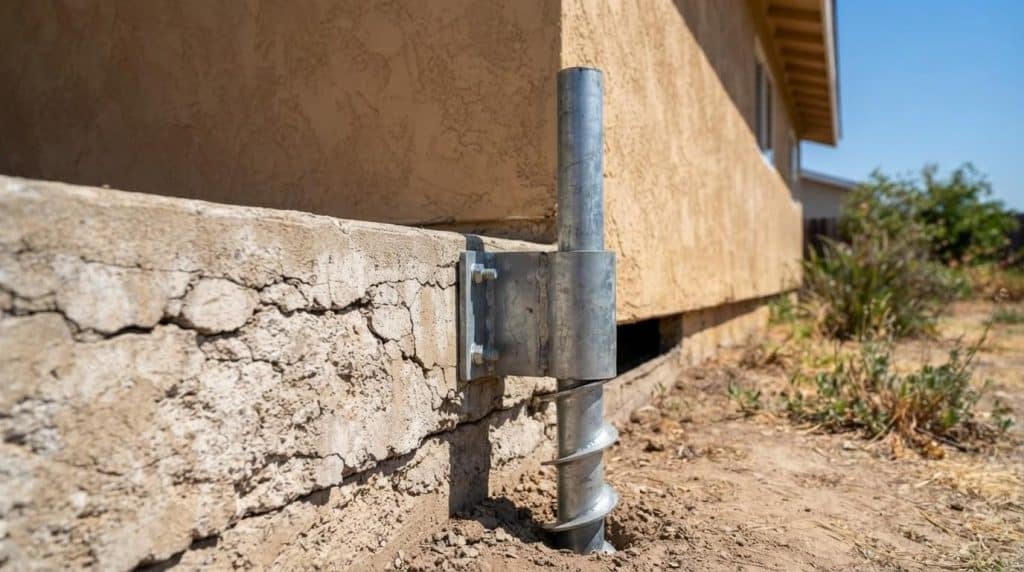 Exposed concrete slab foundation with helical pier installation beside a California home exterior